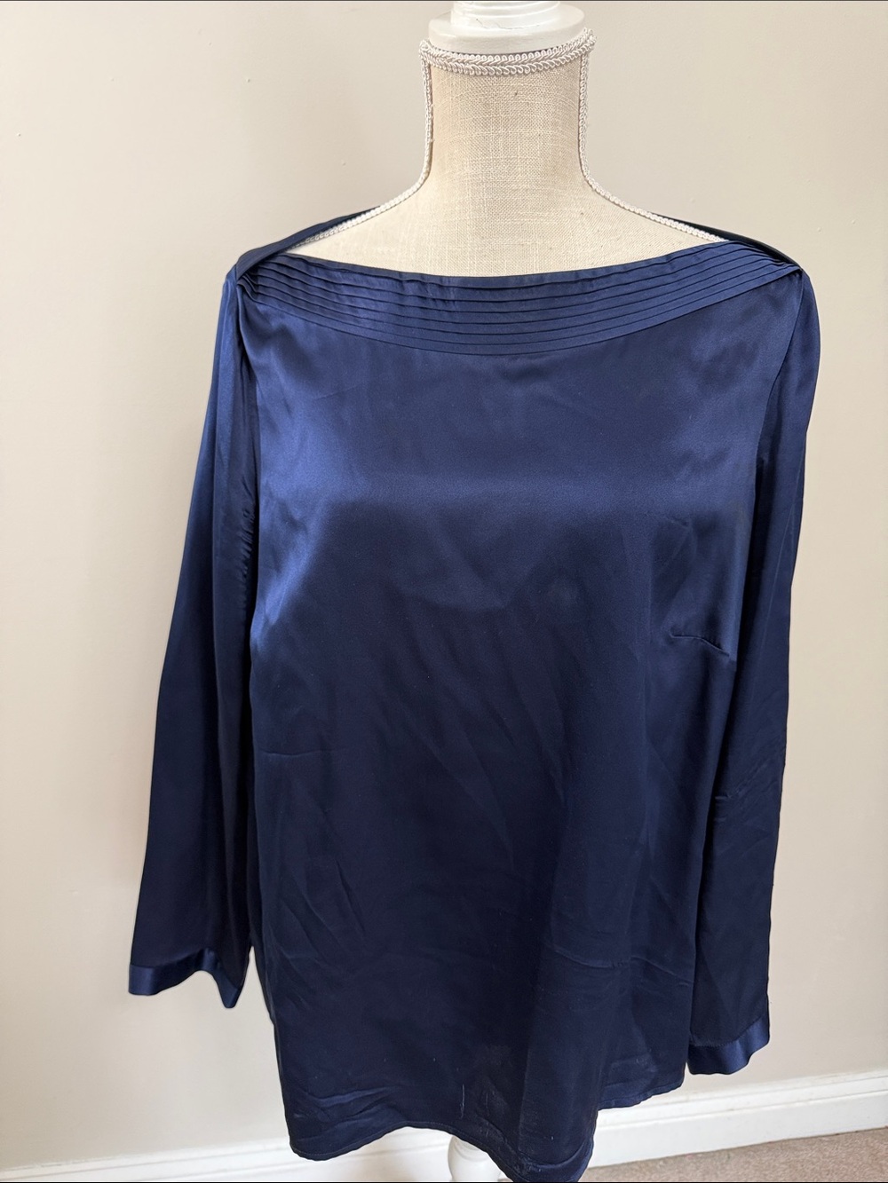 Talbots Navy 100% Silk Pintuck Boatneck Blouse
